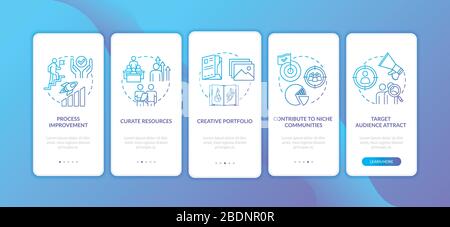 Business project onboarding mobile app page screen with concepts set. Productive leadership walkthrough 5 steps graphic instructions. UI vector Stock Vector