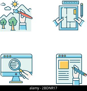 Distant jobs RGB color icons set. Freelance illustrator, copywriter and interior designer. Web research, art and apartment designing, article writing Stock Vector