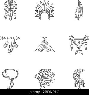 Native american indian accessories pixel perfect linear icons set. Tribe chief hat and teepee. Customizable thin line contour symbols. Isolated vector Stock Vector