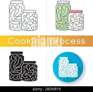 Pickling icon. Linear black and RGB color styles. Food conservation, vegetables preservation. Raw veggies fermentation in brine. Canned cucumbers and Stock Vector