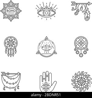 Magical accessories in boho style pixel perfect linear icons set. Prophecy and occultism amulets. Customizable thin line contour symbols. Isolated Stock Vector