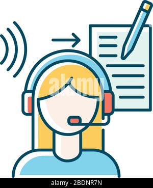 Transcription blue RGB color icon. Linguist, translator. Listening and translation, foreign language representation, audio records conversion into Stock Vector