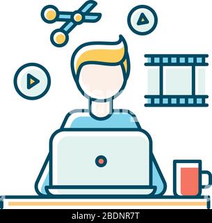 Video editor blue RGB color icon. Multimedia content creating, movie editing. Audio and video production, media files designing, records producing Stock Vector