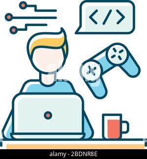 Game developer blue RGB color icon. Freelancer, remote game software programmer. Virtual reality and cyberspace creating, coding, computer programming Stock Vector