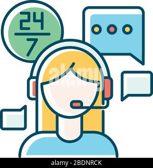 Customer service jobs blue RGB color icon. Call centre operator, online chat consultant, client manager. 24 hours assistance, client technical support Stock Vector