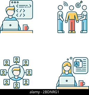 Distant works RGB color icons set. Web developer and public relations officer, social media blogger and SEO specialist. Branding, blogging and Stock Vector