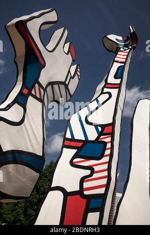 Vertical low angle view of the Monument au Fantome sculpture by Jean Dubuffet at the Discovery Green public urban park in Downtown Houston, Texas Stock Photo