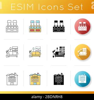 Company dormitory icons set. Communal kitchen. Corporate accommodation. Shared living room. Common bedroom. Apertment interior. Linear, black and RGB Stock Vector