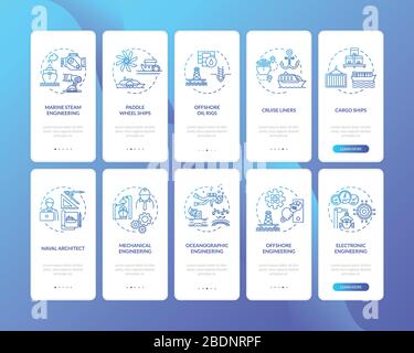 Marine engineering onboarding mobile app page screen with concepts set. Oilfield platform building walkthrough 5 steps graphic instructions. UI vector Stock Vector