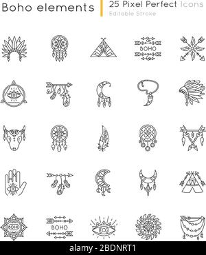 Boho style pixel perfect linear icons set. Native American Indian amulets. Dreamcatcher ethnic charms. Customizable thin line contour symbols Stock Vector
