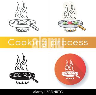 Frying icon. Linear black and RGB color styles. Fast food preparation, meal preparation in oil. Culinary technique. Cooking pan with ingredients on Stock Vector