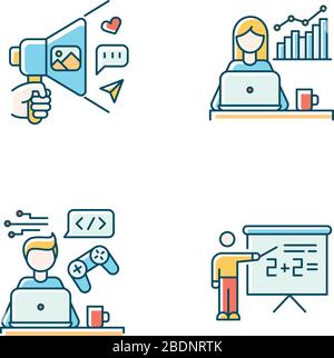 Freelance professions RGB color icons set. Marketologist and social media coordinator, game developer and online tutor. Business promotion and home Stock Vector