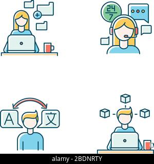 Freelance professions, data entry jobs RGB color icons set. Interpretation, 3D modelling and customer service. Converting image to text and document Stock Vector