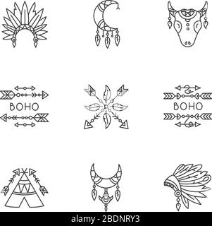Native american accessories pixel perfect linear icons set. Tribe teepee. Boho style dreamcatcher. Customizable thin line contour symbols. Isolated Stock Vector