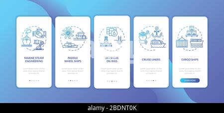 Marine engineering onboarding mobile app page screen with concepts set. Offshore cargo delivery walkthrough 5 steps graphic instructions. UI vector Stock Vector