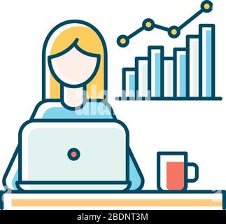 Freelance marketologist blue RGB color icon. Digital marketing, social media advertisement. Merchandise promotion, customer attraction, business Stock Vector