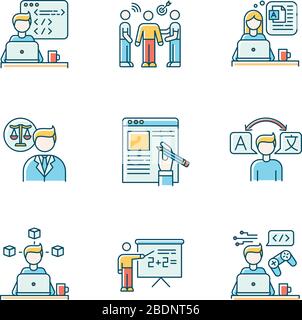 Freelance jobs RGB color icons set. Creative design and translation, teaching and copywriting. Legal services and PR management, web and game Stock Vector