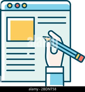 Copywriter, article author blue RGB color icon. Professional freelance journalist and remote editor. Essay writing and editing, journalism and Stock Vector