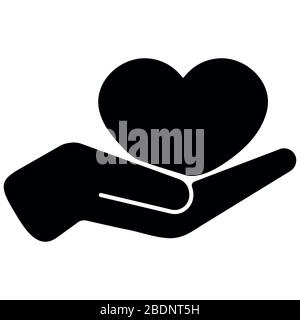 Heart in hand black vector icon isolated on white background. Organ donation, save lige and people support concept. Flat simple design illustration fo Stock Vector