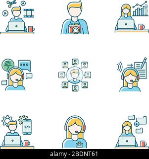 Remote jobs RGB color icons set. Technical and admin support, SEO and marketing. Photography and video editing, mobile app development and data entry Stock Vector