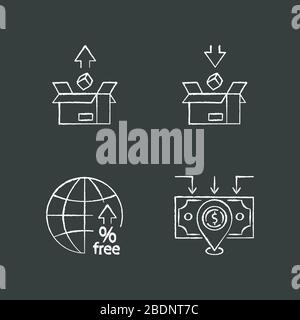 International trade, customs taxes chalk white icons set on black background. Export and import tariffs, non-tariff barriers and foreign direct Stock Vector