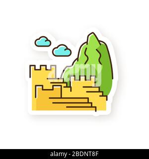 Machu picchu patch. Inca citadel in mountains. Tourist attractions Cusco. Sacred Valley in Cordillera. Monument of Indians civilization. RGB color Stock Vector