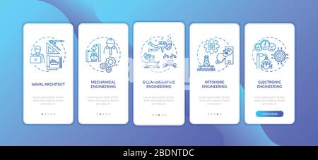 Marine engineering onboarding mobile app page screen with concepts set. Offshore mechanic operation walkthrough 5 steps graphic instructions. UI Stock Vector
