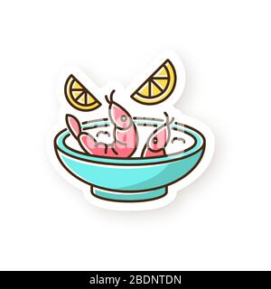 Ceviche patch. Peruvian national dish. Latin american cuisine main course. Shrimp and lemon soup. Seafood salad. Tom yam soup. Asian meal. RGB color Stock Vector