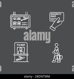 Airport terminal chalk white icons set on black background. Flight information on electronic scoreboard. Male passenger with luggage. Timetable for Stock Vector