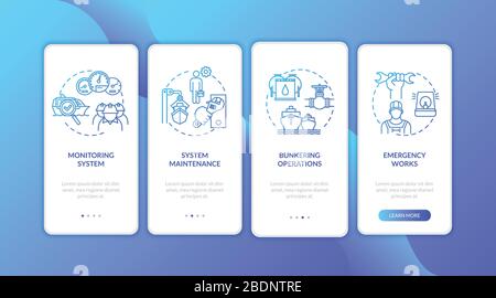Marine engineering onboarding mobile app page screen with concepts set. Professional repair team walkthrough 4 steps graphic instructions. UI vector Stock Vector