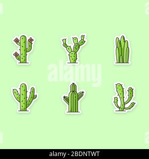 Cactuses printable patches. American desert plants with fleshy trunks. RGB color stickers, pins, badges set. Different prickly succulents. Arid area Stock Vector