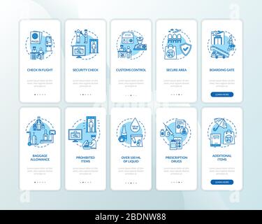 Airport terminal onboarding mobile app page screen with concepts set. Commercial airline services walkthrough five steps graphic instructions. UI Stock Vector