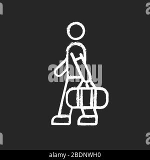 Male passenger with bag chalk white icon on black background. Tourist carrying baggage. Visitor departure for airplane flight. Preparing for vacation Stock Vector