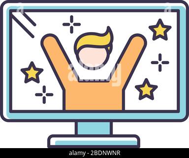 Reality TV star RGB color icon. Television program with host. Fun entertainment on channel. Watch TV series on display. Male presenter. Program on Stock Vector
