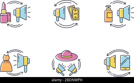 Promotion RGB color icons set. Barter as digital marketing strategy. Buy advertisement with money. Exchange product for exposure. Beauty and fashion Stock Vector