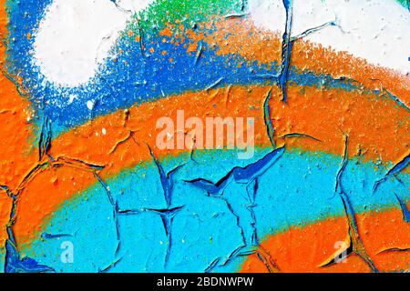 Fragment of colorful graffiti painted on a concrete wall. Bright abstract background for design. Stock Photo