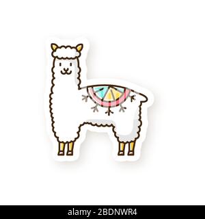 Alpaca patch. Peruvian domesticated cute woolly llama. South american adorable camelid. Hoofed ruminant animal from Andes. Camel-like mammal. RGB Stock Vector