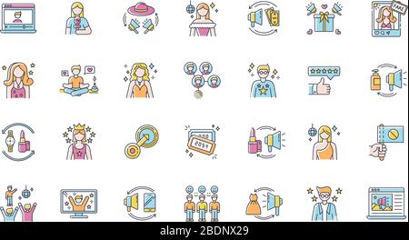 Social media promotion RGB color icons set. Digital marketing with influencers. Product promotion. Loyal audience. Top review. TV show star. Popular Stock Vector