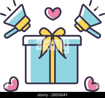 Product promotion RGB color icon. Special offer. Gift box with ribbon. Advertisement and marketing. Shopping campaign. Social media give away Stock Vector