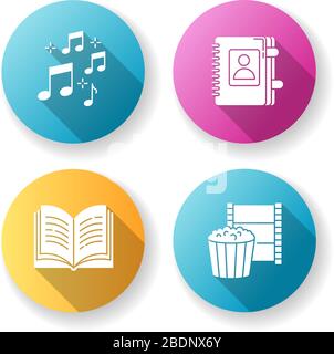 Recreation flat design long shadow glyph icons set. Musical notation. Sound notes. Personal diary. Write in notebook. Hobbies for relaxation. Leisure Stock Vector