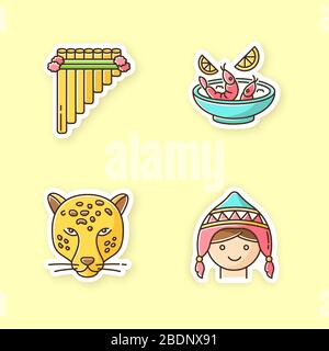 Peru printable patches. Peruvian art, cuisine, animals, costume. Siku, ceviche, jaguar, chullo hat. Customs of andean culture. RGB color stickers Stock Vector
