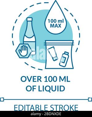 Over 100 ml of liquid concept icon. Airplane passenger hand luggage, belongings limit idea thin line illustration. Baggage control. Vector isolated Stock Vector