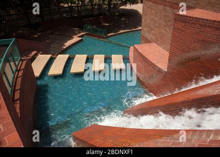 Horizontal top view of the Buffalo Bayou Sesquicentennial Park cascade, Theater District, Downtown Houston, Texas Stock Photo