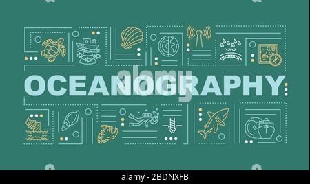 Oceanography word concepts banner. Underwater environment. Oceanology science. Infographics with linear icons on green background. Isolated typography Stock Vector