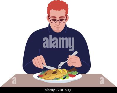 Redhead guy eating seafood semi flat RGB color vector illustration. Dinner at restaurant. Caucasian man enjoying salmon with lemon and vegetables Stock Vector
