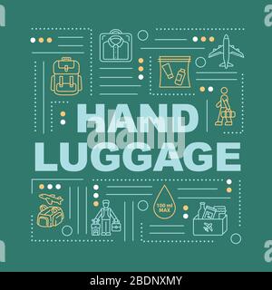Hand luggage word concepts banner. Baggage handling tips. Comfortable tourism infographics with linear icons on turquoise background. Isolated Stock Vector