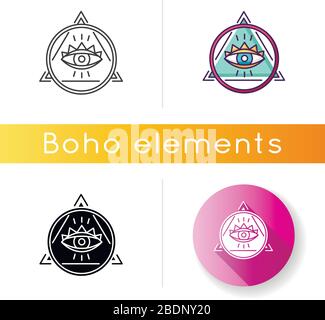 Eye of Providence icon. Occult symbol. All seeing eye with circle and triangle, mysterious talisman. Religious and esoteric sign. Linear black and RGB Stock Vector