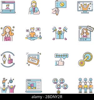 Social media promotion RGB color icons set. Barter of products. Mass effect. Native integration. Target marketing. Lifestyle blogger. Loyal audience Stock Vector
