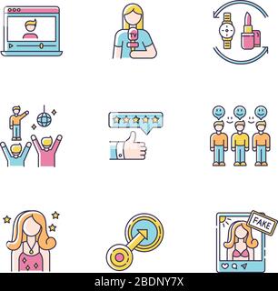 Social media promotion RGB color icons set. Vlogger influencer. Female journalist. Fake celebrity social media account. Barter of products. Loyal Stock Vector