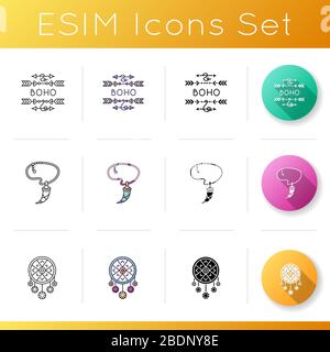 Boho amulets icons set. Dreamcatcher pendant. Necklace with tooth. Bohemian style charm. Ethnic accessories. Linear, black and RGB color styles Stock Vector